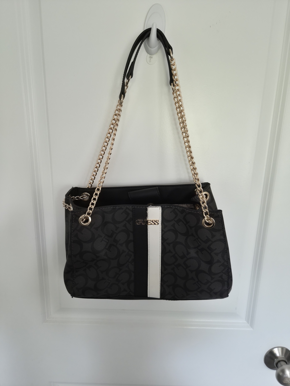 GUESS Black Tote with White Center Stripe and Gold Chain Handles
